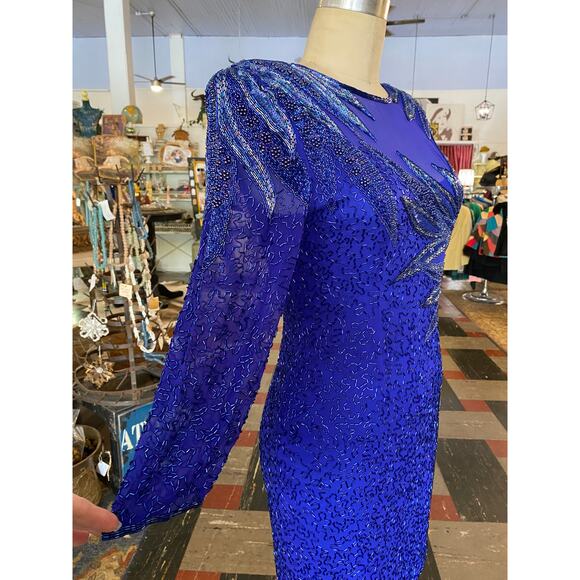 1980s beaded cocktail dress, cobalt blue silk, vintage formal, sheer chiffon, 27 - Picture 3 of 9